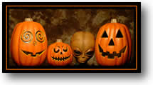 Photograph of Halloween Alien and Jack o Lanterns