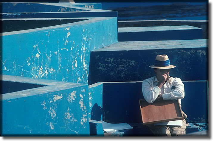 color photograph of  man in blue surroundings, Ensenada, Mexico